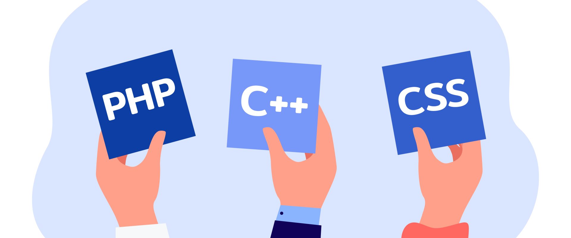 Hands holding symbols of different programming languages. Programmers using software for coding flat vector illustration. Programming, engineering, technology concept for banner or landing page